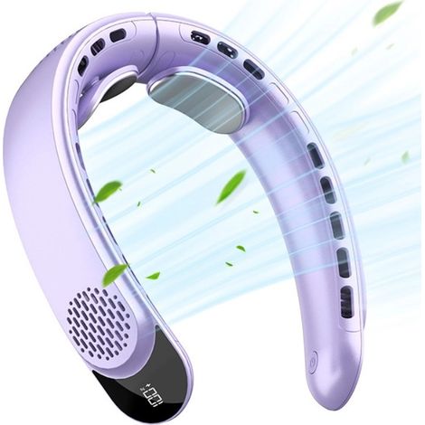 Ventilador de cuello sin aspas de 4000 mAh, placas cerámicas de refrigeración manos libres, efecto de refrigeración ajustable, color morado claro. (1/4)