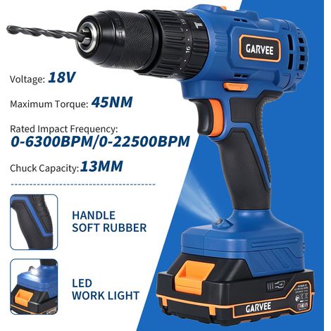 Kit de perceuse-visseuse à percussion sans fil 18 V - Couple de 398 in-lbs (45 Nm), mandrin sans clé de 1/2", 2 vitesses réglables, ensemble de 56 pièces avec 2 batteries Li-Ion de 2,0 Ah et chargeur, (1/5)
