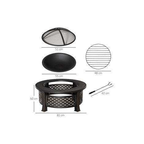 Brasier avec pince pare-étincelles, corbeille à feu, table à feu ronde, foyer de jardin pour camping BBQ, acier noir 81 x 81 x 50 cm (1/5)