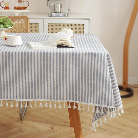 Nappe rayée 120x120cm avec franges, mélange coton-lin, bleu-blanc