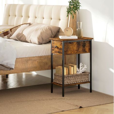 Mesa auxiliar 25x39.8x58.2 cm con cajón, compartimento abierto, patas de metal, madera marrón rústico (1/5)