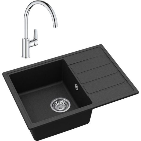62x44 cm évier avec égouttoir réversible en Granite, à encastrer, noir + mitigeur lavabo/cuisine Grohe StartEdge (SATSE2BG313)