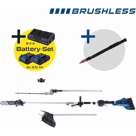 Scheppach – Outil multifonction sans fil 4-en-1 2x20V 2Ah – Moteur Brushless – Tondeuse, taille-haies, débroussailleuse, élagueuse