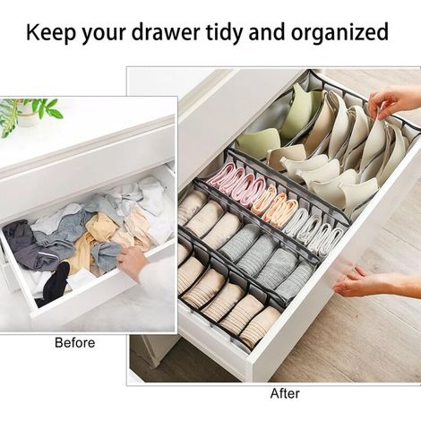 6-teiliger Schubladenorganizer für Unterwäsche, faltbarer Schubladenteiler für Socken und BHs, waschbare Aufbewahrungsboxen für Armreifen, Slips, Strümpfe, Krawatten und Schals (6+7+11 Fächer), Grau