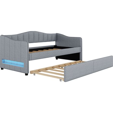 Letto da giorno 90 x 200 cm con letto estraibile, divano letto in lino grigio, senza materasso (1/5)