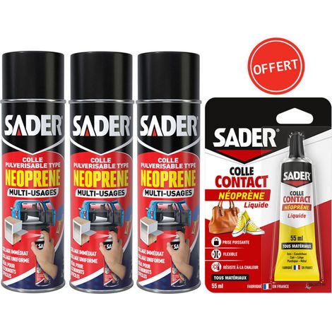 Lot de 3 colles néoprène pulvérisables 200ml – Prise rapide en 10s – Colle transparente pour surfaces verticales – OFFERT 1 colle contact 55ml – Sader (1/5)
