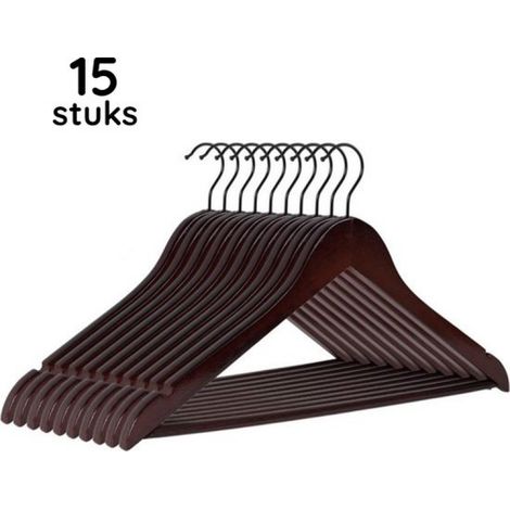 Cintres de luxe - Lot de 15 cintres - Bois traité - 45 x 22 x 1 cm - Laqué - Crochet noir - Bois (1/5)