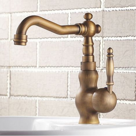 Robinet antique rétro monotrou lavabo entièrement en cuivre art bassin supérieur robinet rotatif eau chaude et froide (1/4)