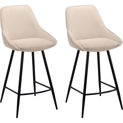 Vente-Unique – Lot de 2 tabourets de bar en velours côtelé crème – Structure métal noir – Hauteur 99 cm – Assise 67 cm – Garnissage mousse polyuréthane (1/4)