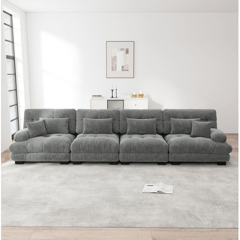 Divano modulare 4 posti con seduta profonda, ciniglia grigia, 406 x 77 x 81 cm DESVIAE (1/5)