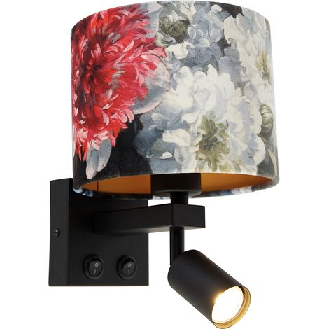 QAZQA Wandleuchte schwarz mit Leselampe und Schirm 18 cm Blumen -