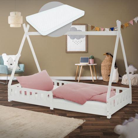 ML-Design Cama Infantil Tipi Blanca con Colchón 200x90 cm Protección Anticaída y Somier Estructura Listones de Madera Maciza de Pino para Niño Forma de Casa Cuna Juvenil con Reja Juego Lecho de Suelo (1/5)