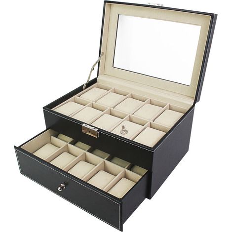 Coffret à montres pour 20 montres avec fenêtre de présentation et tiroir – en polyuréthane et verre – dimensions : 28,5 x 20,5 x 15 cm – noir/beige (1/5)