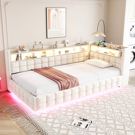 Cama/sofá cama multifuncional tapizada de 90 × 200 cm, con almacenamiento hidráulico, estante de madera, tira de luz LED, toma de corriente, puertos de carga USB y Tipo-C, somier de láminas, tapizado (1/5)