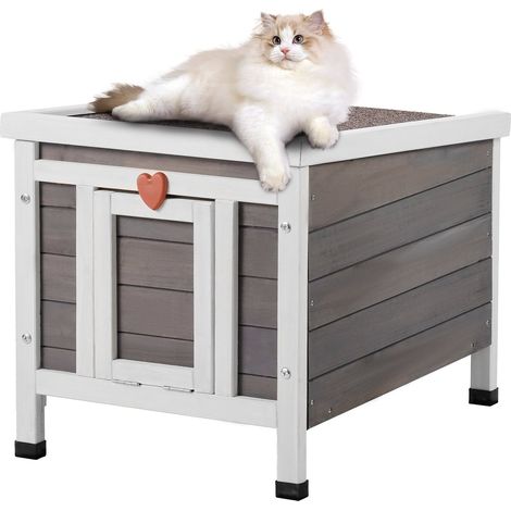 Maison pour Chat d'Extérieur, 513x420x420 mm, Niche pour Chats en Bois, Résistante aux Intempéries, avec Toit Ouvert Par le Haut, Porte en PVC, Cabane Abri pour Plusieurs Chats Lapins Sauvages (1/5)