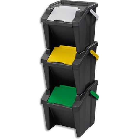 Kit de tri sélectif Tower - Polypropylène recyclé - 3 x 10L - Gris / clapets couleurs (1/3)