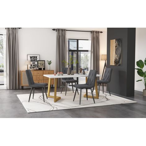 Ensemble repas moderne 5 pièces (table rectangulaire 117x68cm + 4 chaises), chaise cuisine gris foncé en tissu sergé, pieds couleur or (1/4)