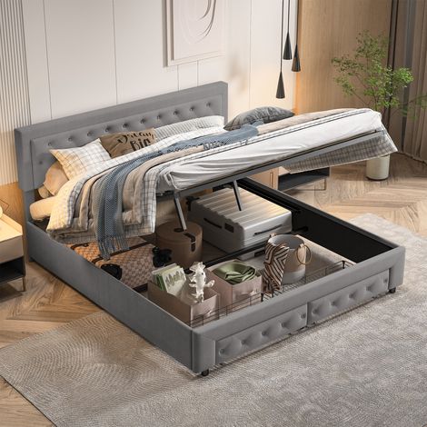Lit avec tiroirs 180x200,lit adulte 180x200,lit rangement coffre avec 2tiroirs,design riveté,Espace de rangement sous le lit,velours,Gris --SUNFECILI (1/5)