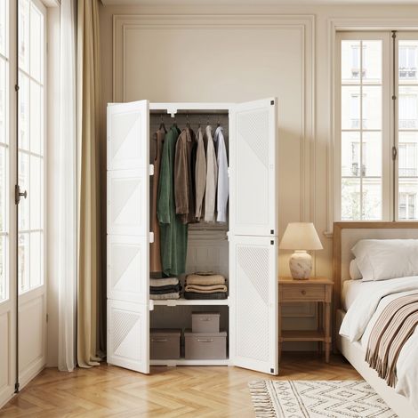 Armoire 69x50x136 cm portable et pliable sans installation - Penderie modulable à 8 compartiments et 6 portes - Rangement gain de place - Blanc (1/5)