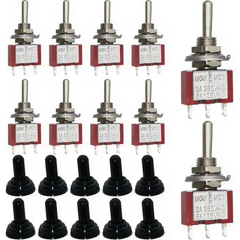Mini interrupteur à Bascule, 3broches 3positions, interrupteur de réinitialisation bilatéral électronique, AC125V 6A(250V/3A)6 mm découpé MTS-123, SPDT avec capuchon étanche M6(10 pièces) (1/5)