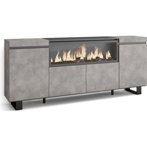 Skraut Home - Credenza, Mobile, Cucina, Madia, mobile ingresso, 210, 4 Porte, Camino elettrico XXL, Design industriale, Stile moderno, Grigio Cemento (1/5)