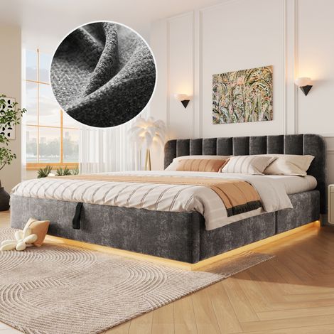 Lit coffre rembourré 180x200 cm avec rangement hydraulique, tête de lit rembourrée, éclairage LED, sommier à lattes, chenille anthracite (1/5)