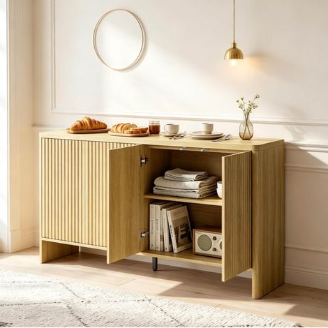 TV-Möbel 147x40x77 cm aus MDF in Eiche, integrierter Stauraum fürs Wohnzimmer – MEUBLIV (1/5)