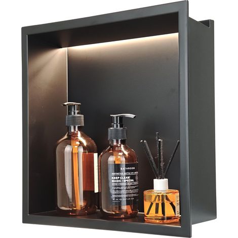 Niche murale LED en acier inoxydable pour douche - Étagère de douche sans carrelage intégrée en acier inoxydable - Double rangement pour shampooing et gel douche (noir mat, 30 x 30 cm) (1/5)