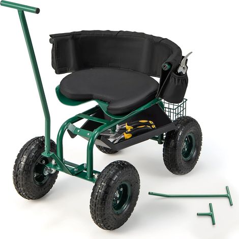 COSTWAY Asiento de Jardín con Ruedas, Carrito de Jardín con Asiento de Trabajo, Ajustable en Altura con Asiento Giratorio de 360° y Cojín, 2 Asas de Dirección, Taburete Móvil de Trabajo de Jardinería