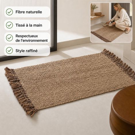 Tapis en Jute 40 x 60 cm Naturel - Tapis d'Entree Artisanal a Franges sans Colle (1/5)
