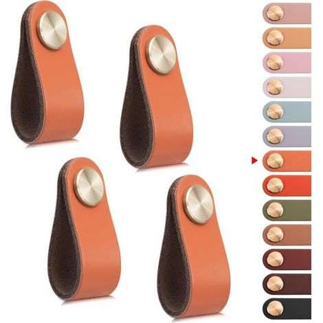 4 Pièces Poignées Meuble Cuir Vintage Boutons Porte Armoire Tiroir Commode Cuisine Salle de Bain Orange (1/4)
