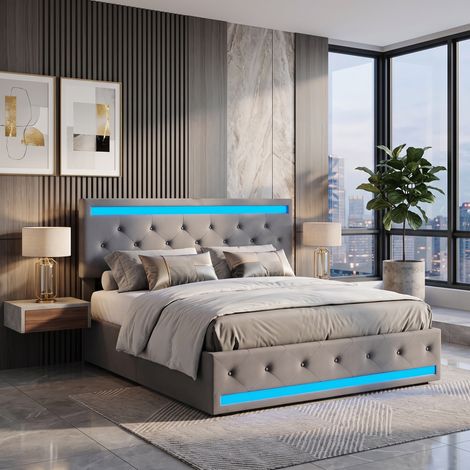 Superaly Lit Double Rembourré 140x190 cm, 4 Tiroirs de rangement à Cadre Métallique avec poulies, éclairage LED télécommandé, Port USB et type-C, Tête de Lit Réglable, Style Moderne,Lin, Gris foncé (1/5)
