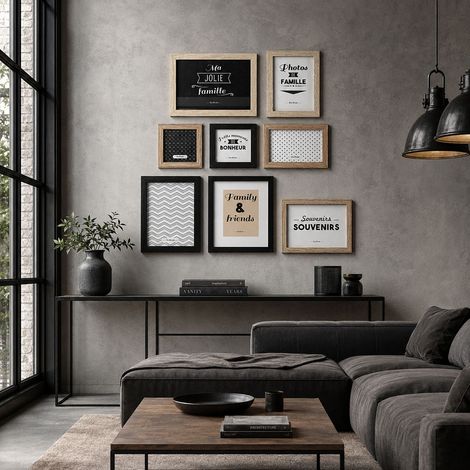 Lot de 8 Cadres Photos - HOME DECO FACTORY - Bois - Personnalisables - Noir, Blanc, Marron