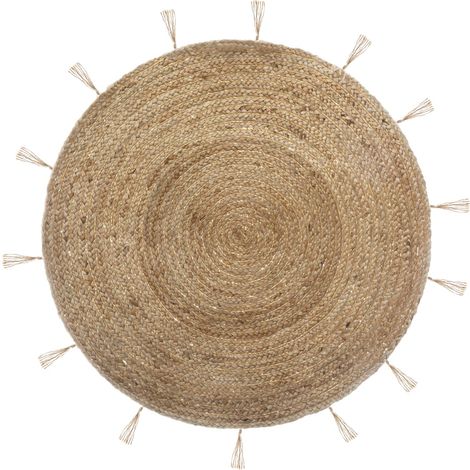 Atmosphera – Tapis rond en jute et lurex 80 cm – Épaisseur 1 cm – Beige avec motifs dorés – Franges décoratives pour ambiance chaleureuse (1/10)