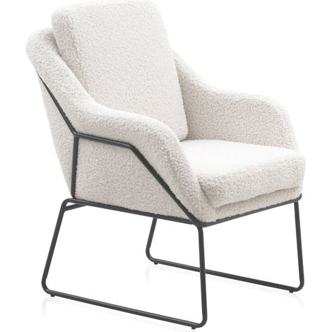 Fauteuil bouclé blanc pieds métal noir design cocooning - blanc bouclé et structure métal noir (1/5)