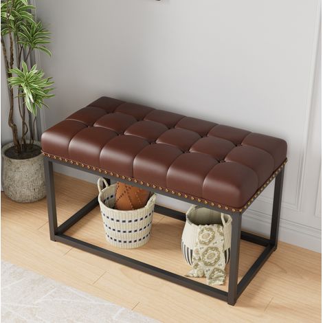 Banquette 90 x 46 x 52 cm marron, assise capitonnée en similicuir et structure métal MEUBLIV (1/5)