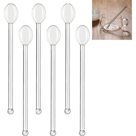 Lot de 6 pièces : cuillère en verre transparent avec un long manche, bâtonnet mélangeur en verre de 16 cm, idéal pour les glaces, les desserts, les jus de fruits et le café. Parfait pour les réunions