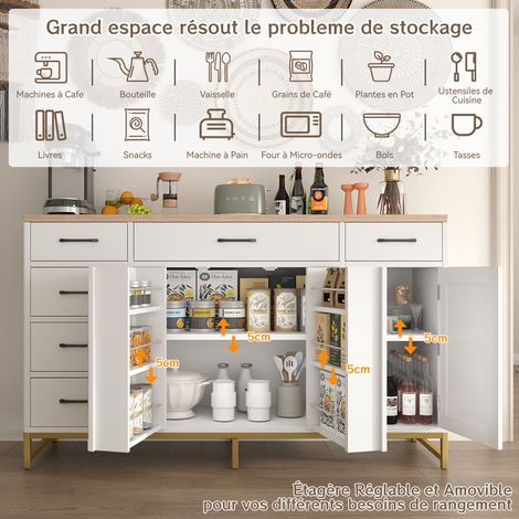 Buffet de Rangement Industriel Blanc – Meuble 140x40x80 cm avec 3 Portes, 6 Tiroirs et Étagères Réglables – Rangement Polyvalent pour Salon, Salle à Manger ou Bureau