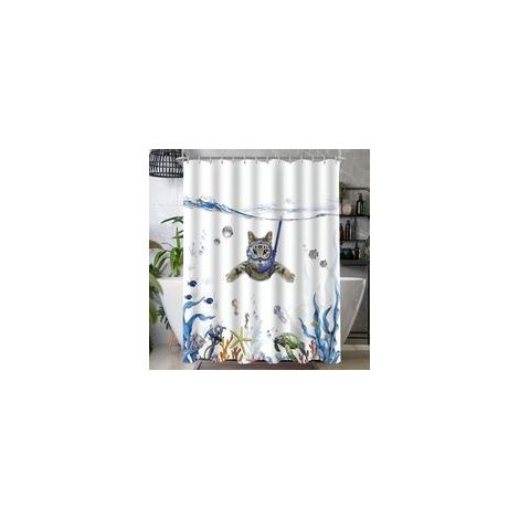 Diseño de gato nadador resistente al moho, dobladillo con peso, impermeable, lavable, hecho de tela de poliéster, con 6 ojales y anillas para cortina de ducha.