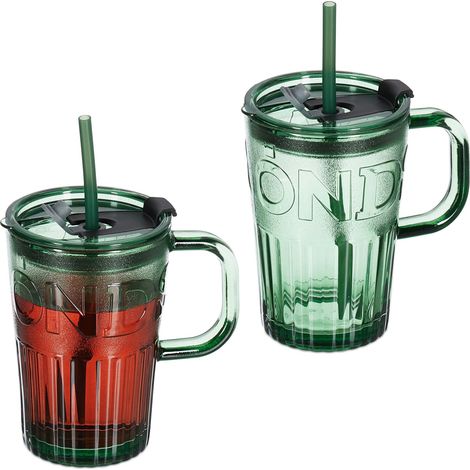 Relaxdays Jarre avec paille, couvercle et anse, lot pratique de 2, volume : 450 ml, pour votre smoothie, verte