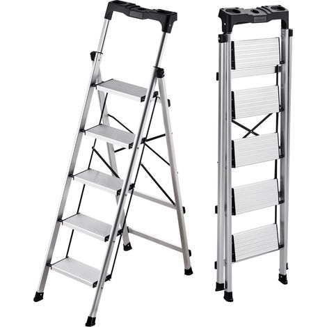 Mophorn 5-stufige Klappleiter aus Aluminium mit rutschfesten Stufen und ergonomischem Handgriff, belastbar bis 150 kg, ideal für Küche, Lager, Haushalt und Büro, silberfarben