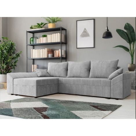 Tendencio – Canapé d'angle convertible en velours côtelé gris – Dimensions 248x139cm – Surface de couchage 200x130cm – Avec tiroir de rangement (1/2)