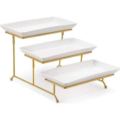 Serving Tray Plates, Ceramic Meal Tray, 12 x 6 cm Buffet Display Stand, Cake Stand for Fruits, Biscuits, Desserts, White Gold (1/5)