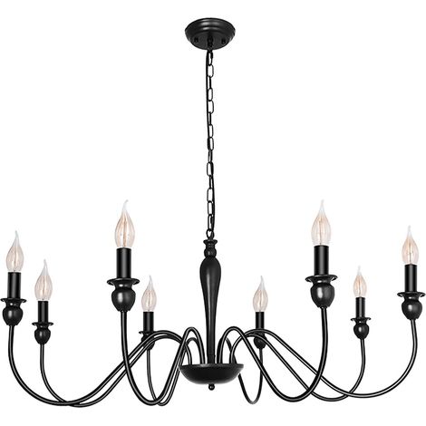 1 Lustre Industriel Noir Mat 8 Lumières E14 Diamètre 95cm Pour Salon Salle À Manger Cuisine