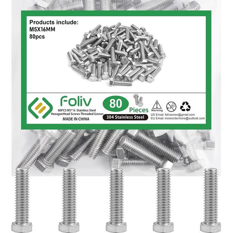Vis hexagonales M5 x 16 mm, filetage complet en acier inoxydable 304, lot de 80 pièces (1/5)