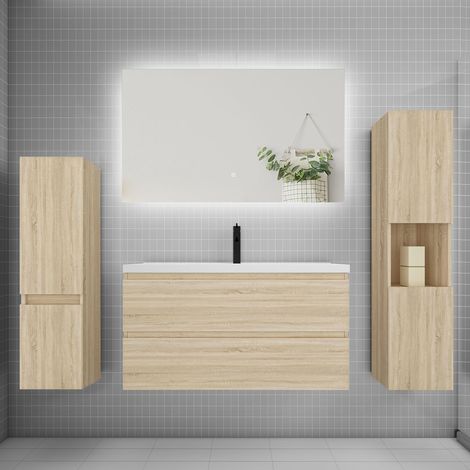 Ensemble meuble chêne et lavabo L.100cm 2 tiroirs + colonne2 haut + lavabo + miroir 80x60cm-suspendu