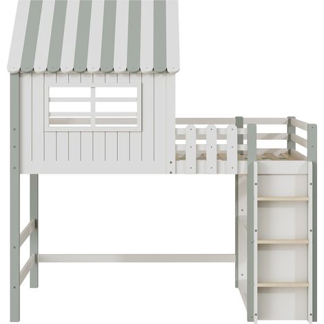 Letto per bambini 90x200 cm, a forma di tetto con scala di sicurezza e contenitore, verde (1/5)