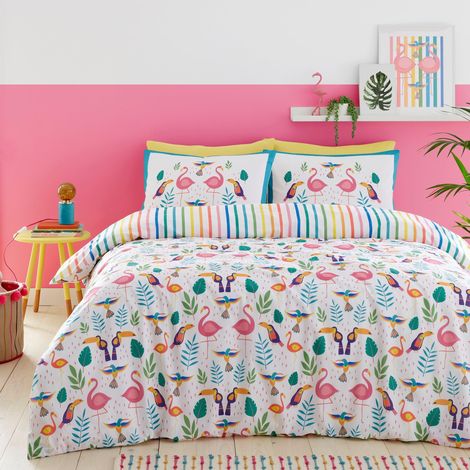 Housse de Couette Flamant Tropical 200 x 200 cm 2 Taies d'oreiller Réversible Rayures Arc-en-Ciel Housse de Couette Oiseaux Toucan Literie Tropicale (1/3)