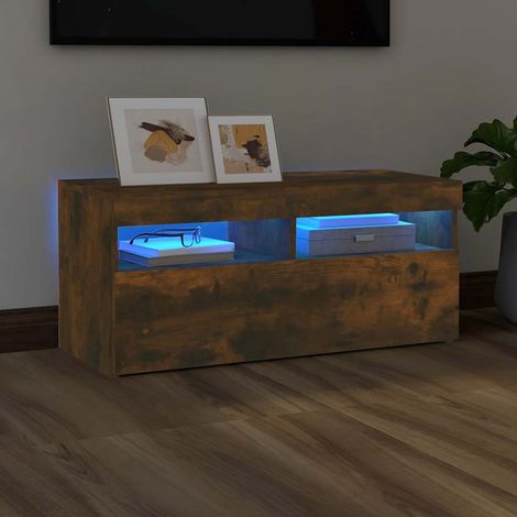 Meuble TV avec LED-Banc TV-Meuble Télé avec lumière LED Chêne fumé 90x35x40 cm 242560 (1/5)