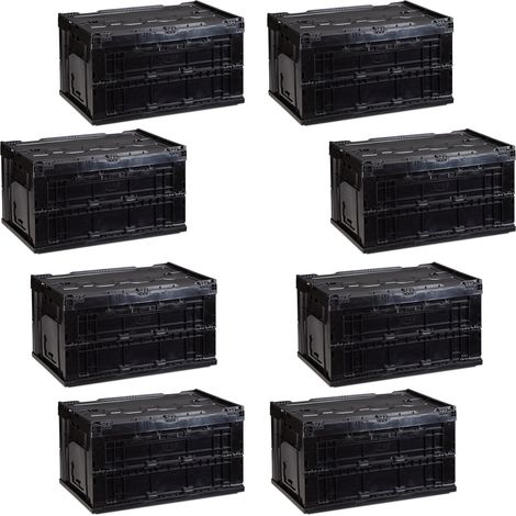 Set of 8 Relaxdays Professional Storage Boxes, Sturdy, Commercial Crate, Lidded, 60x40x32cm, Black